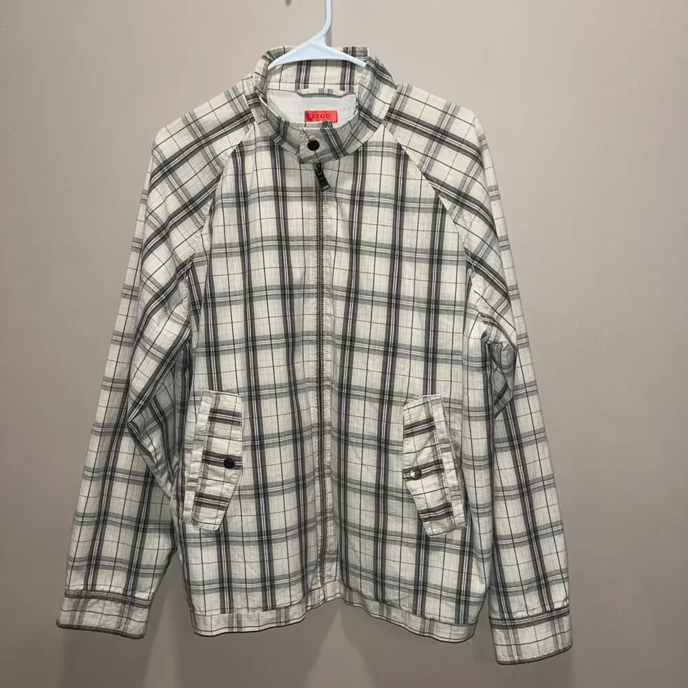 Izod Men's Wind Breaker Gray White Plaid Zip Jacket S Preppy Grandpa Core Casual